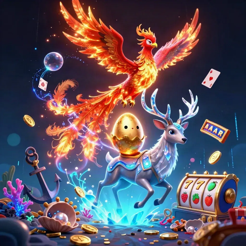 Fenix api, anak fenix, dan rusa kristal di gua harta bawah laut neon.