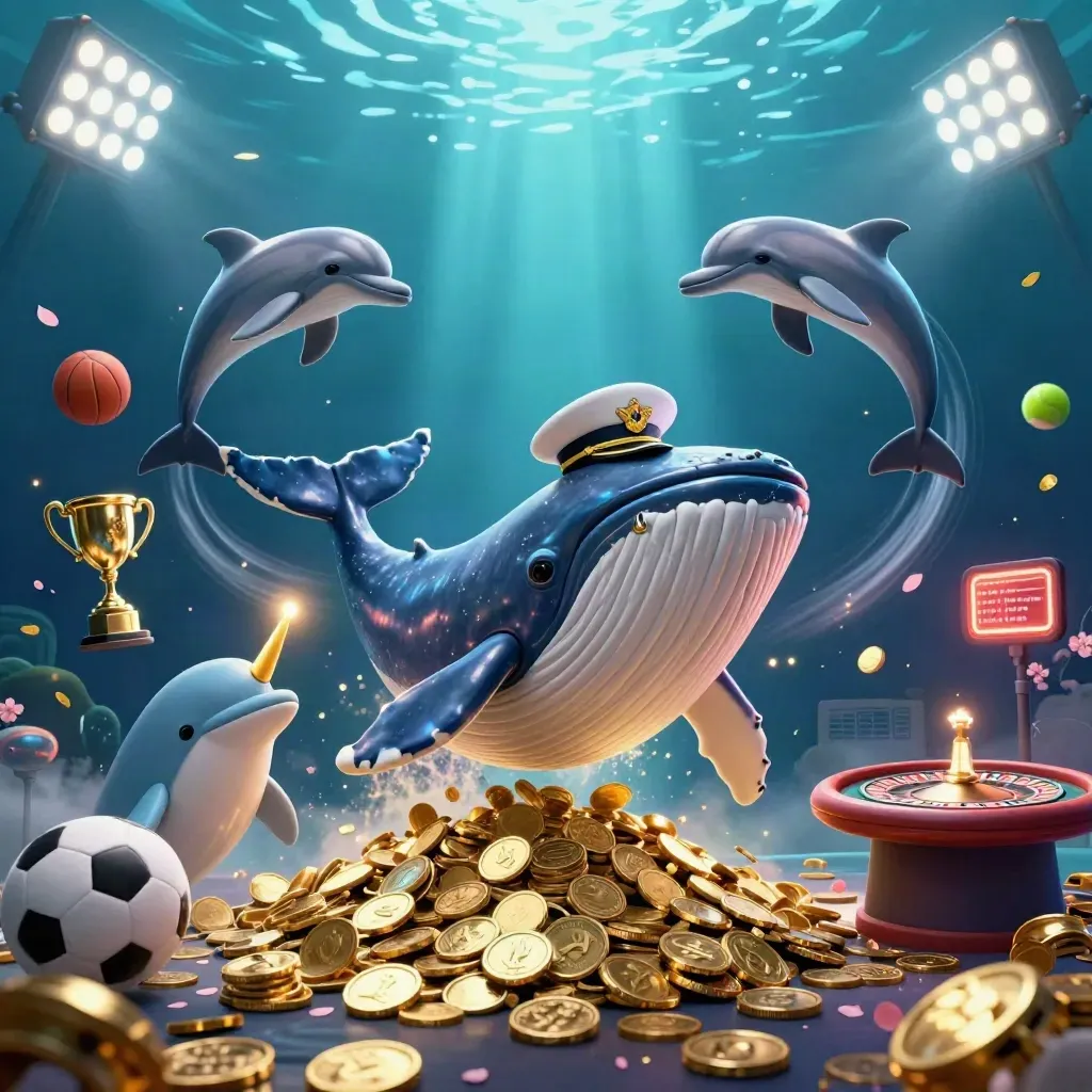 Paus kapten kartun, narwhal, dan lumba-lumba di lautan koin dengan bola olahraga dan lampu stadion.