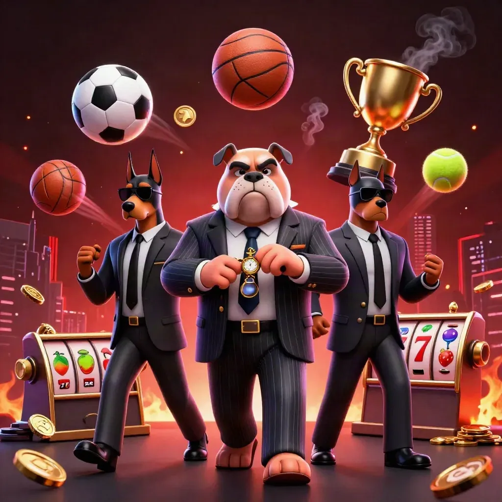 Bulldog mafia dan dua doberman di tengah ledakan bola, koin, trofi, dan cahaya neon.