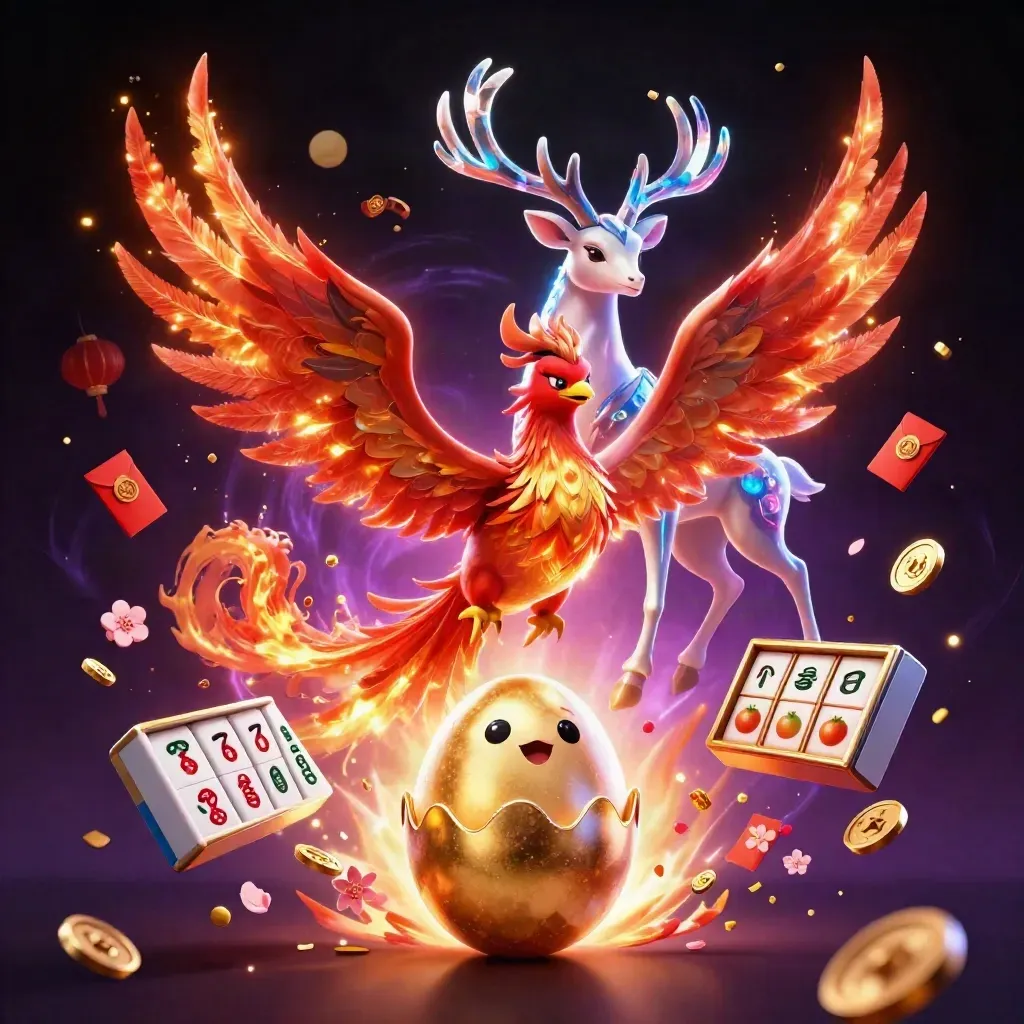 Phoenix api, rusa kristal, dan bayi phoenix dalam ledakan efek kasino neon gelap.