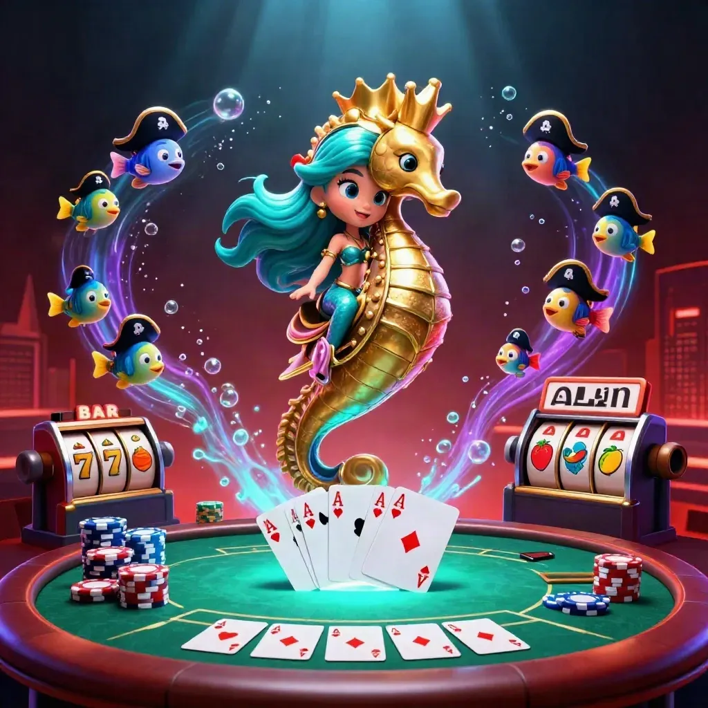 Putri duyung 3D di atas kuda laut emas, dikelilingi kartu poker, chip, dan simbol slot neon.